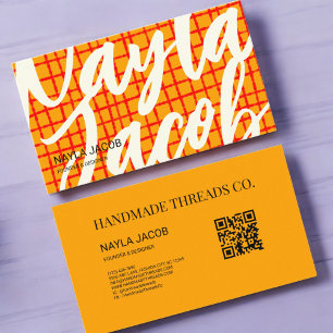 Bold Orange Red Check Mönster QR-kod för handgjord Visitkort