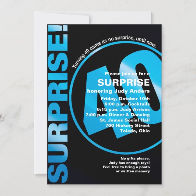 Bold överraskning på födelsedagen - blå 40:e inbjudningar (Framsida)