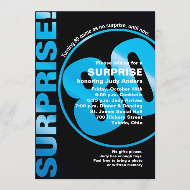 Bold överraskningsinbjudan på födelsedagen - blå 8 inbjudningar (Framsida)