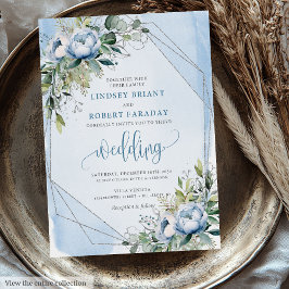 Bold Pastel Blue White Silver Peonies Bröllop Inbjudningar