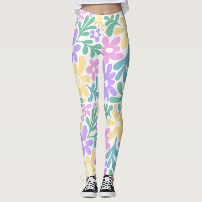 Bold Pastel Retro Floral Leggings (Framsida)