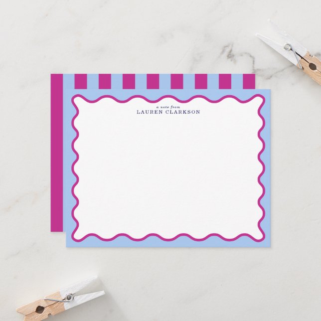 Bold Pink & Blue Striped Wavy Frame Note Card Inbjudningar (Fram/Back In Situ)
