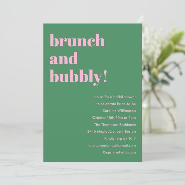 Bold Pink Green Modern Brunch Bubbly Bridal Shower Inbjudningar (Stående Fram)