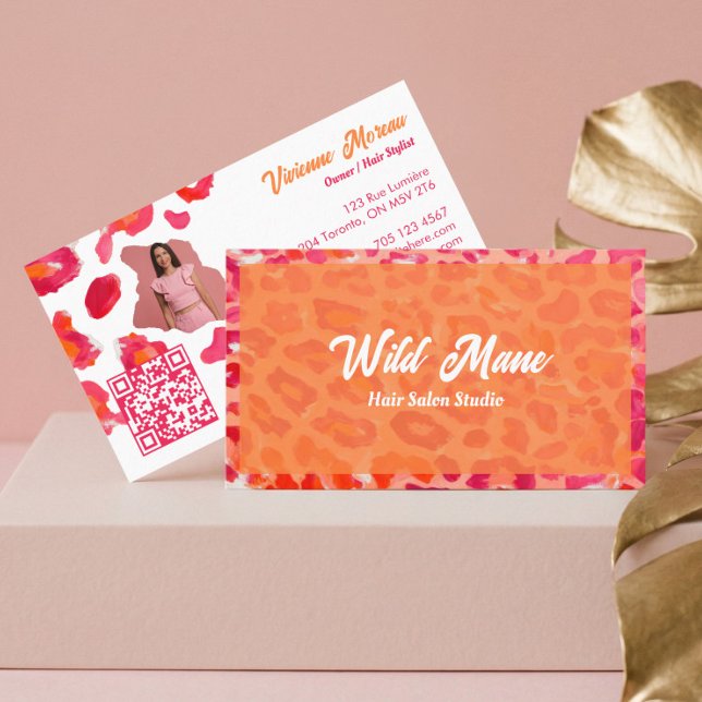 Bold Pink Orange Cheetah Leopard Print QR Code Visitkort (Bold Pink Orange Cheetah Leopard Print QR Code Business Card)