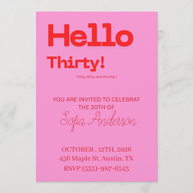 Bold Pink Red 30th Birthday Invite Inbjudningar (Framsida)