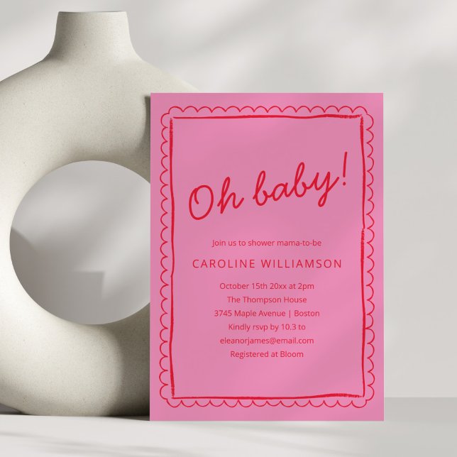 Bold Pink Red Modern Whimsical Border Baby Shower Inbjudningar (Skapare uppladdad)
