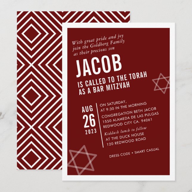 BOLD PUB MITZVAH enkel modern vinkel maronvit Inbjudningar (Fram/baksida)