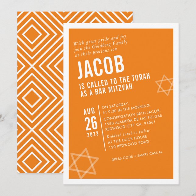 BOLD PUB MITZVAH, enkel modern vinkel orange vit Inbjudningar (Fram/baksida)