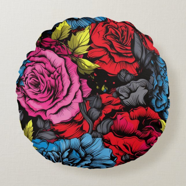 Bold Punk Blooms Floral Round Pillow Rund Kudde (Framsidan)