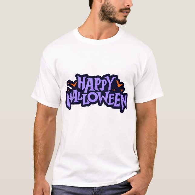 Bold Purple & Orange Happy Halloween Bats Graphic T Shirt (Framsida)