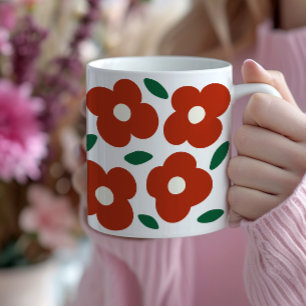 Bold Red Abstrakt Retro Flower Mönster Kaffemugg