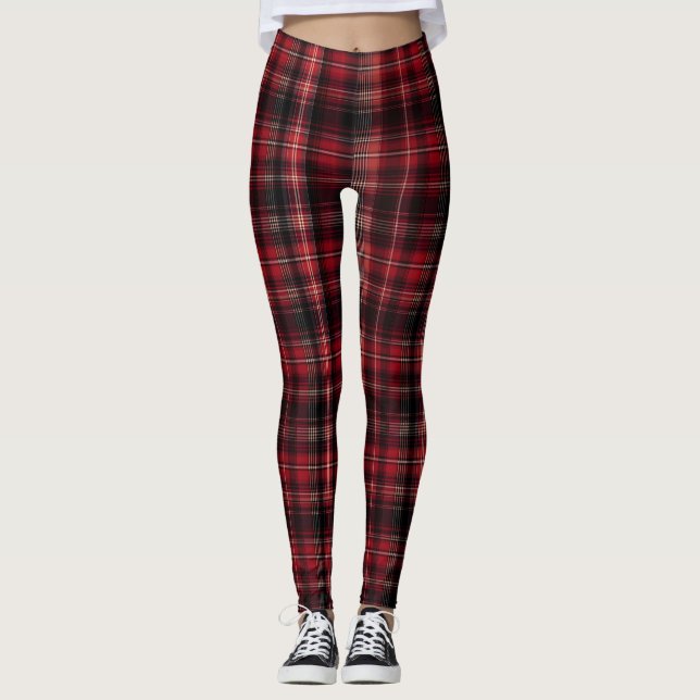 Bold Red and Black Tartan Plaid Leggings (Framsida)