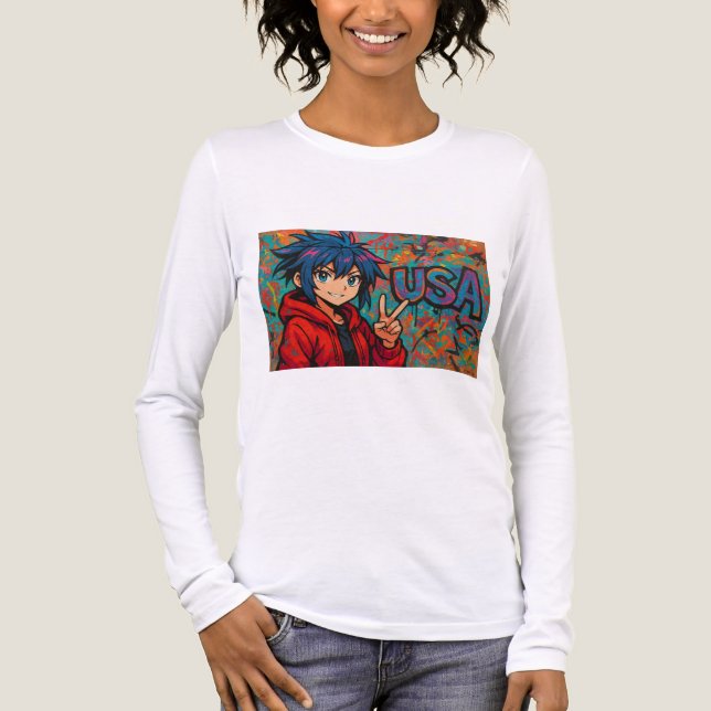Bold Red Anime USA Graphic T-Shirt (Framsida)