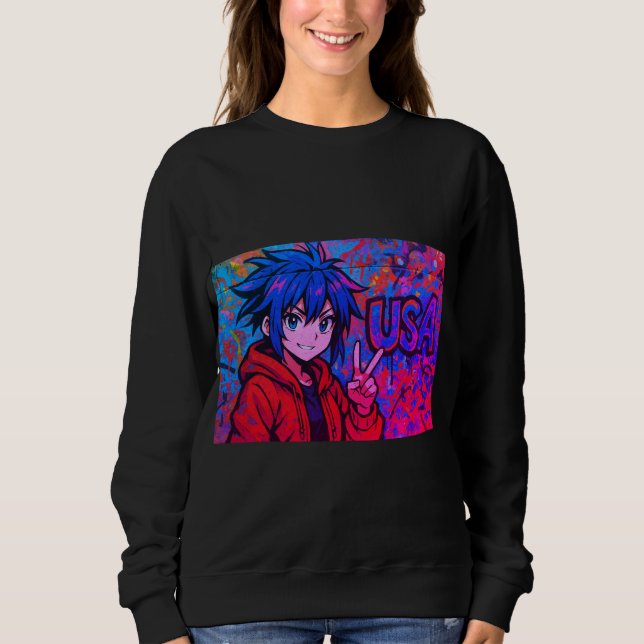 Bold Red Anime USA Graphic T-Shirt (Framsida)
