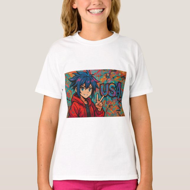 Bold Red Anime USA Graphic T-Shirt (Framsida)
