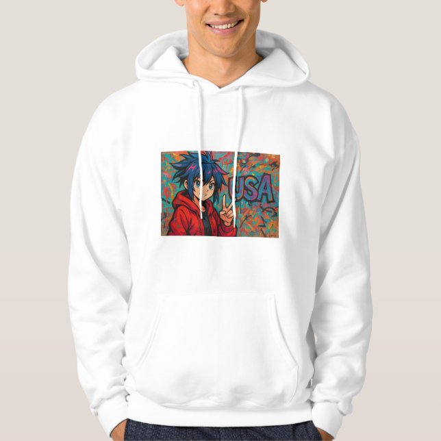Bold Red Anime USA Graphic T-Shirt Hoodie (Framsida)