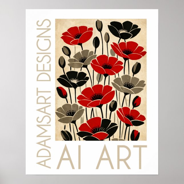 Bold Red & Black Retro Poppies Floral Poster (Framsidan)