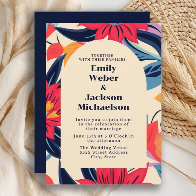 Bold Red Blue Flower Arch Bröllop Inbjudningar (Navy blue and red retro -style flowers wedding invitation)