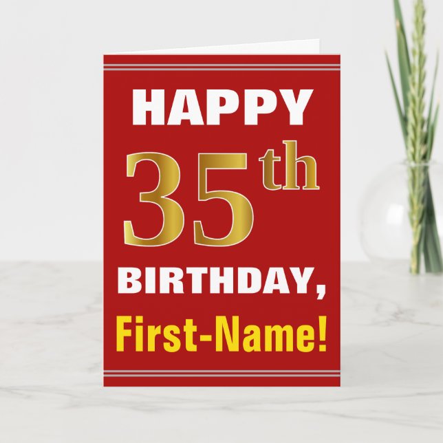 Bold, Red, Faux Guld 35e Birday w/ Namn Card Kort (Framsida)
