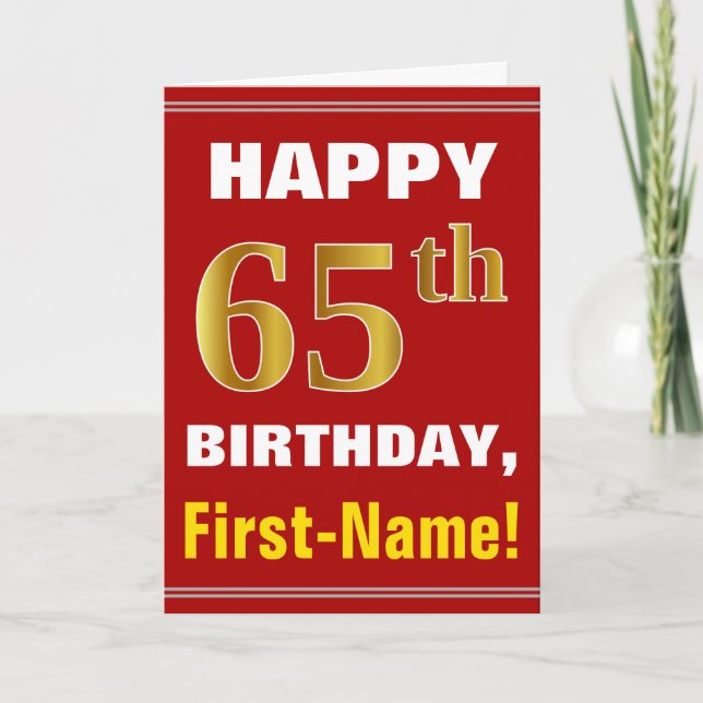 Bold, Red, Faux Guld 65e Birday w/ Namn Card Kort (Framsida)