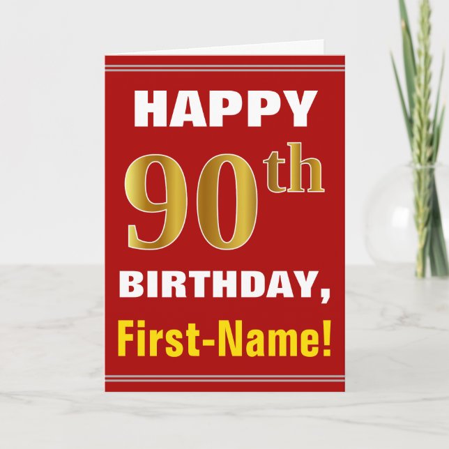 Bold, Red, Faux Guld 90:e Birday w/ Namn Card Kort (Framsida)