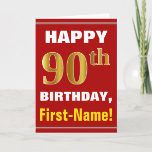 Bold, Red, Faux Guld 90:e Birday w/ Namn Card Kort
