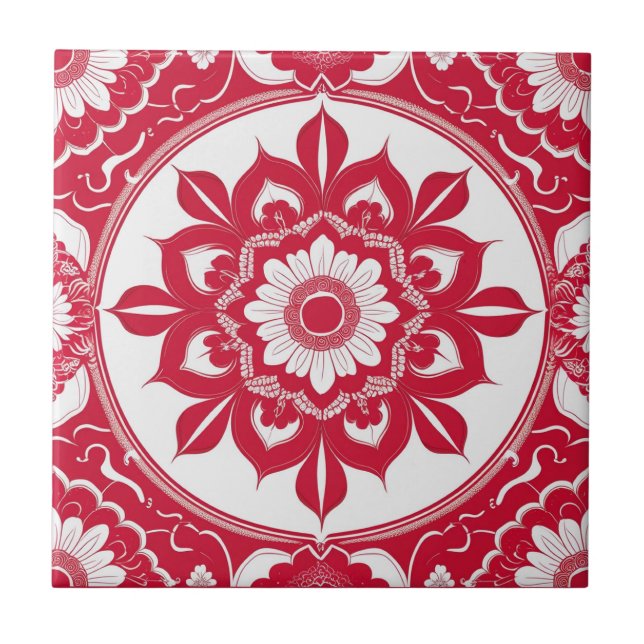 Bold Red Floral Mandala Tile Kakelplatta (Framsidan)
