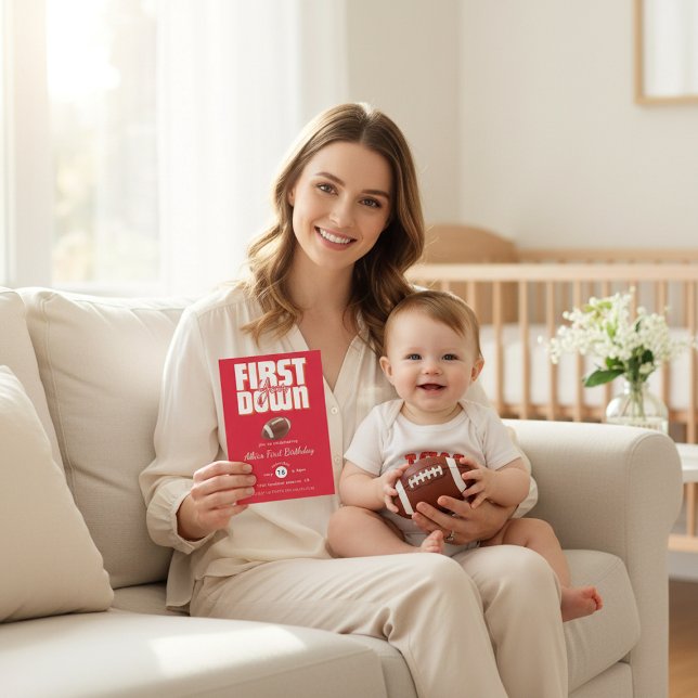 Bold Red Football First Birthday Party Invite Inbjudningar (Skapare uppladdad)