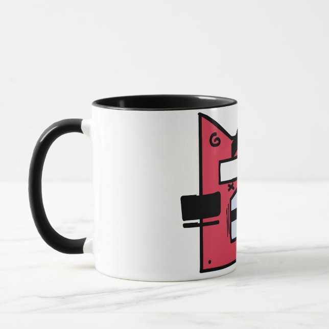 Bold Red Geometric Cat Mugg - Quirky Tecknad Stil (Vänster)