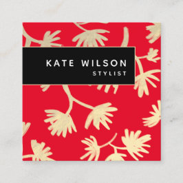 Bold Red Guld Konstnärligt Blommönster Fyrkantigt Visitkort