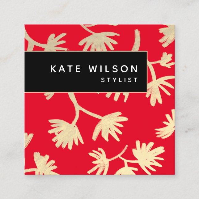 Bold Red Guld Konstnärligt Blommönster Fyrkantigt Visitkort (Framsida)