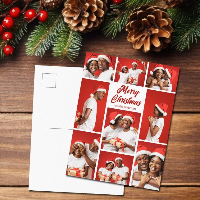 Bold Red Merry Christmas Photo Collage 2025 Helg Vykort (Skapare uppladdad)