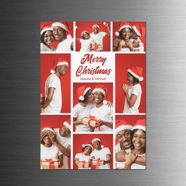 Bold Red Merry Christmas Photo Collage Magnet Card (Skapare uppladdad)