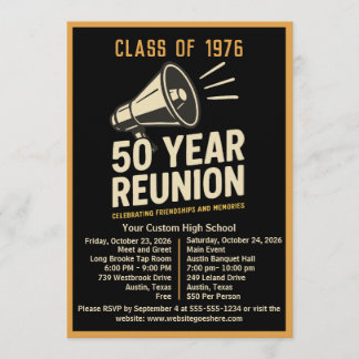 Bold Retro Megaphone 50 Year High School Reunion Inbjudningar