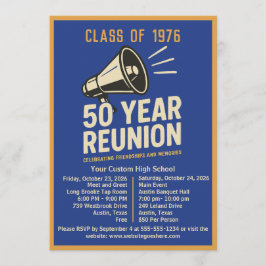 Bold Retro Megaphone 50 Year High School Reunion Inbjudningar