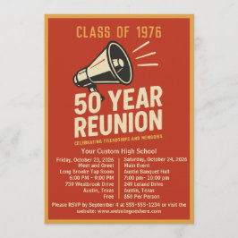 Bold Retro Megaphone 50 Year High School Reunion Inbjudningar