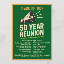 Bold Retro Megaphone 50 Year High School Reunion Inbjudningar