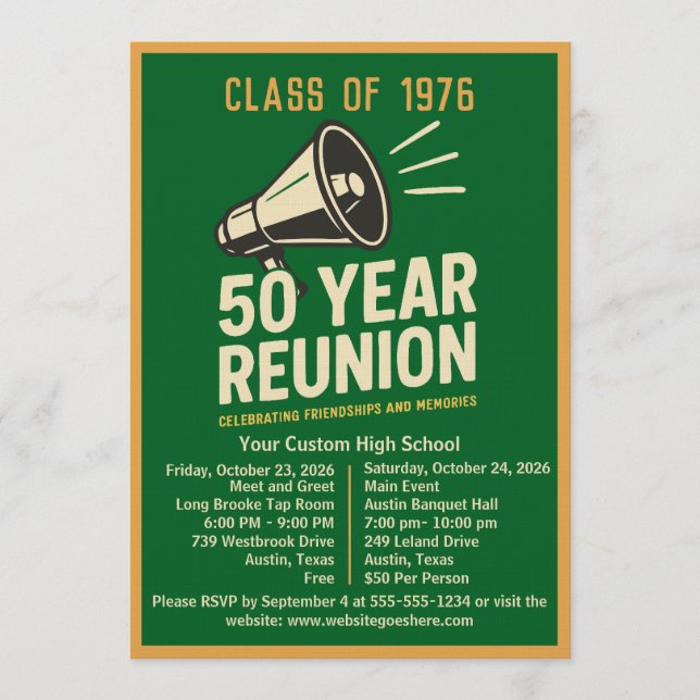 Bold Retro Megaphone 50 Year High School Reunion Inbjudningar (Framsida)