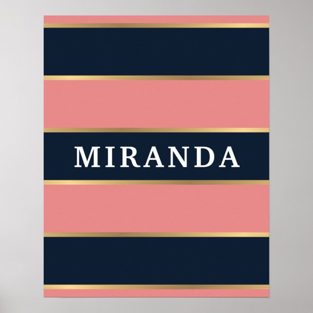 Bold Rosa Blue Guld Rand Mönster Poster (Framsidan)