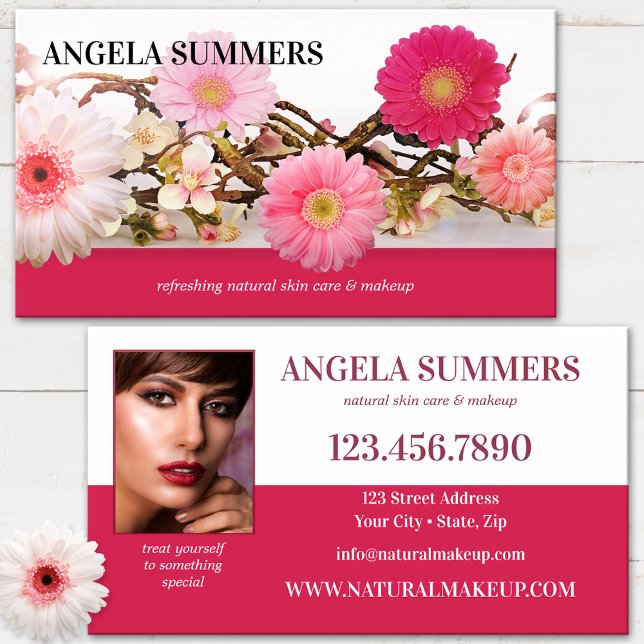 Bold Rosa Natural Beauty Makeup Artist Visitkort (Elegant beauty floral business card with custom photo in vibrant fuchsia with white - makeup artist)