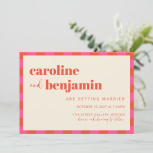 Bold Rosa och Orange Checkboard Mönster Bröllop Inbjudningar