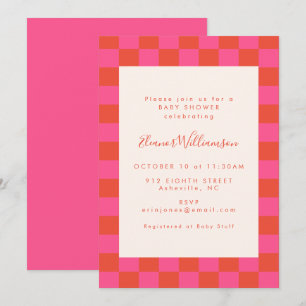 Bold Rosa Orange Checkerboard Mönster Baby Shower Inbjudningar