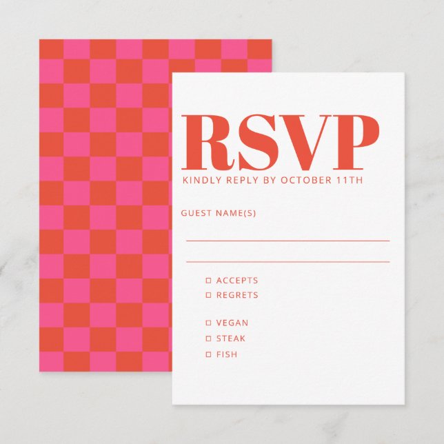 Bold Rosa Red Checkerboard Mönster Bröllop Meal OSA Kort (Fram/baksida)