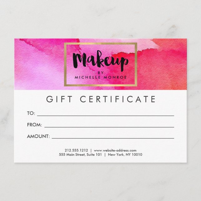 Bold Rosa Watercolor Makeup Gift Certificate (Framsida)