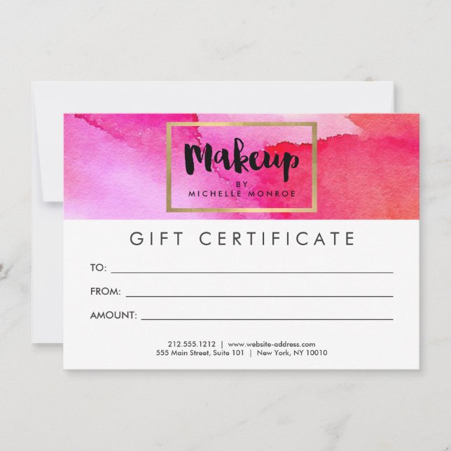 Bold Rosa Watercolor Makeup Gift Certificate (Framsida)