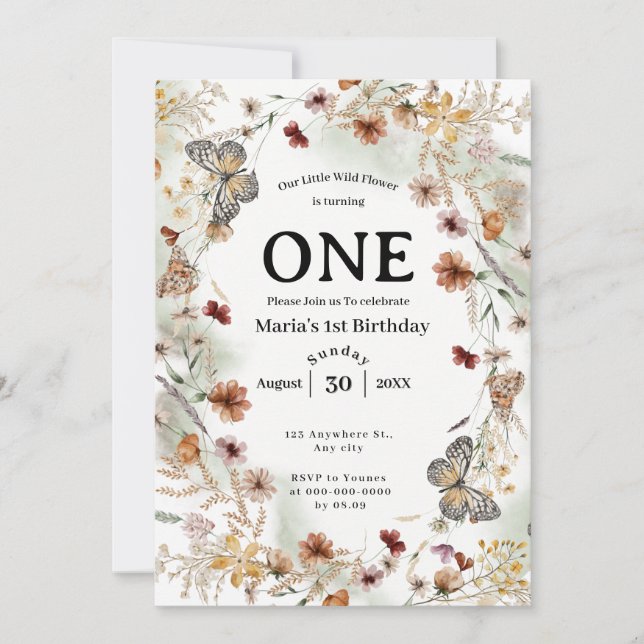 Bold Rustic Wildblomma Blommigten Baby Birthday Inbjudningar (Framsida)