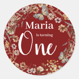 Bold Rustic Wildblomma Blommigten Baby Birthday Runt Klistermärke