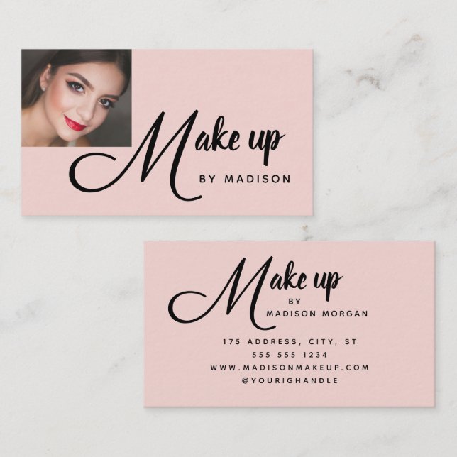 Bold Script Blush Pink Photo Makeup Business Card Visitkort (Fram/baksida)
