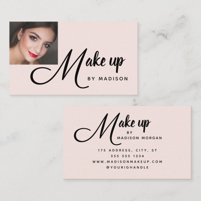 Bold Script Blush Pink Photo Makeup Business Card Visitkort (Fram/baksida)