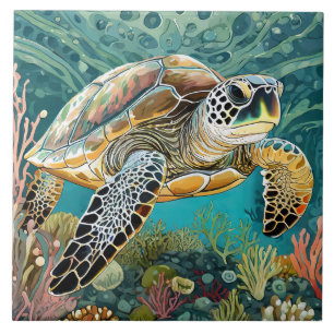 Bold Sea Turtle Tecknad Stil Kakelplatta